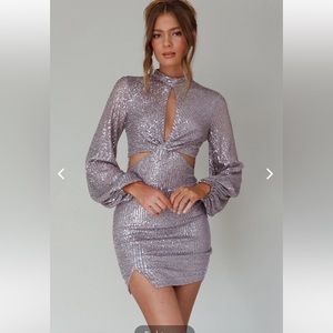Selfie Leslie La Discotheque Long Sleeve Silver Sequin Mini Dress